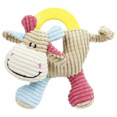 PETPURIFIERS Moo-cifier Plush Squeaking & Rubber Teething Newborn Puppy Dog Toy - Brown Blue & Pink PE3177728